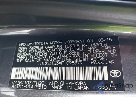 2015 Toyota Prius C One из США, поврежденный, VIN JTDKDTB3XF1098379